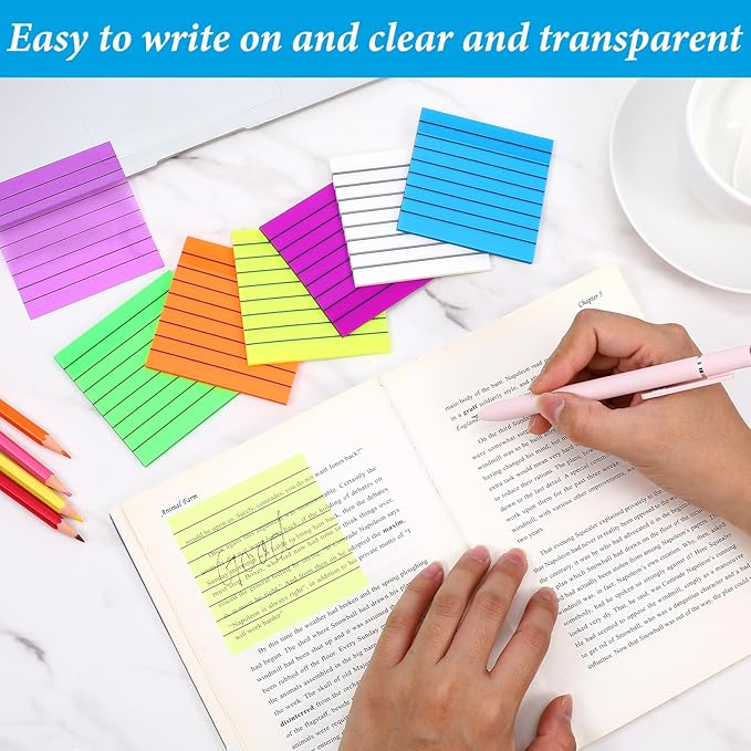 6 Pack Transparent Sticky Notes 300 Sheets 3x3 Inch Clear Sticky Notes with Lines Colorful Lined Post Note Reminder Tabs for Office Home College Meeting