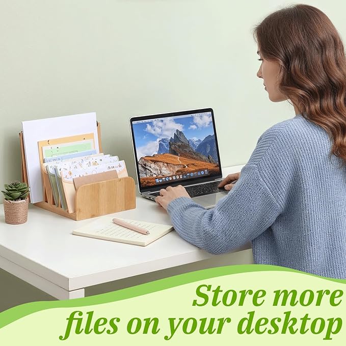 Bamboo Mail Desk Organizer, 5 Slots Bamboo File Mail Holder Organizer, Vertical Countertop Organizers Holder for Home, Office, Magazine, Book Envelope, Paper, Bill