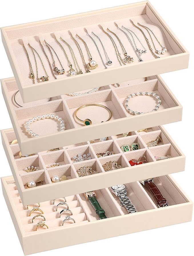 LANDICI Stackable Jewelry Organizer Trays 4 Set,PU Leather Jewelry Organizer Drawer,Jewelry Storage Display Tray for Earring Necklace Rings Bracelet with Removable Dividers,Apricot
