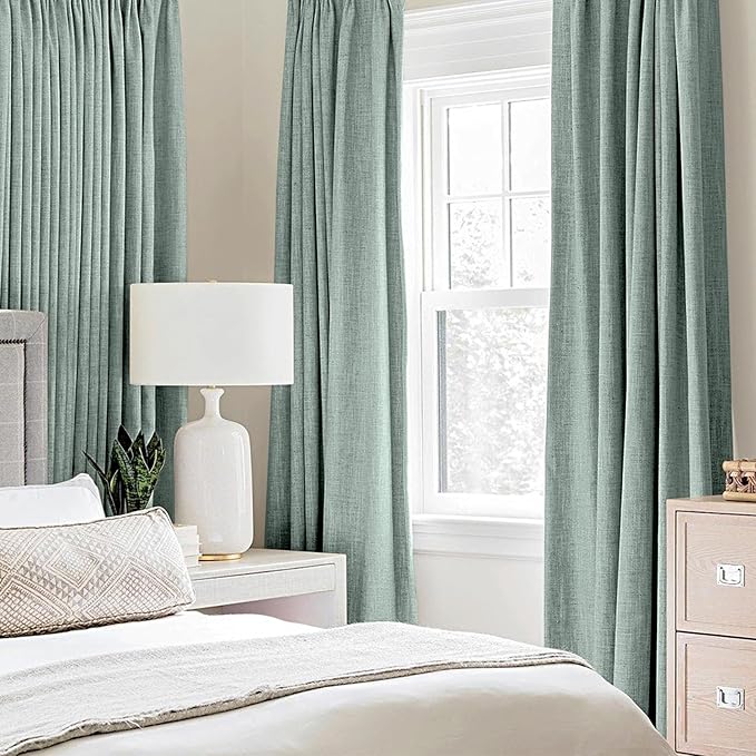MIULEE Linen Texture Curtains for Bedroom Solid 100% Blackout Thermal Insulated Seafoam Green Curtains Grommet Room Darkening Drapes for Living Room 52x84 Inch (2 Panels)