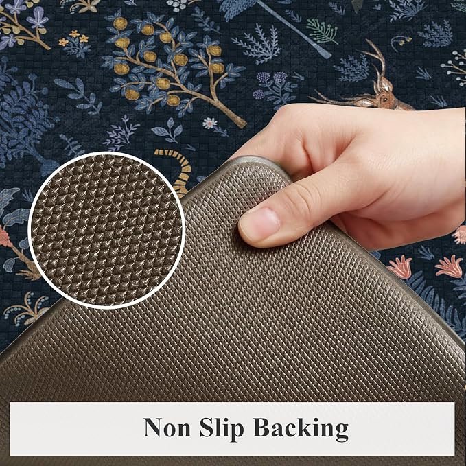 KIMODE Anti Fatigue Mats for Kitchen Floor,Cushioned Kitchen Rugs Sets of 2 | 17.3"x47"+ 17.3"x29",Dark Blue,Farmhouse Animal Forest Kitchen Rug Non Slip,Padded Kitchen Floor Mats for Laundry Sink Office