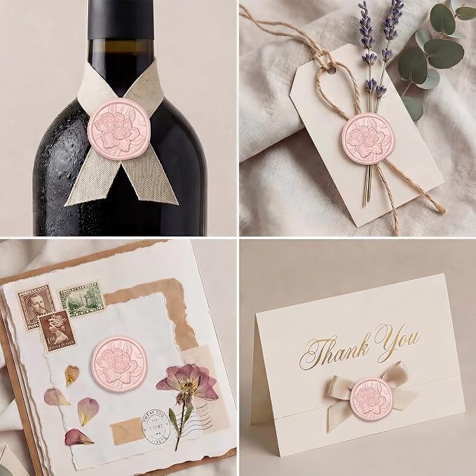 UNIQOOO Wax Seal Stickers - 3D Vintage Floral Wedding Invitation Envelope Botanical Seal Stickers, 50 Pcs Self- Adhesive Blush Pink Flower Stickers, Perfect for Invitation, Gift Wrapping, Party
