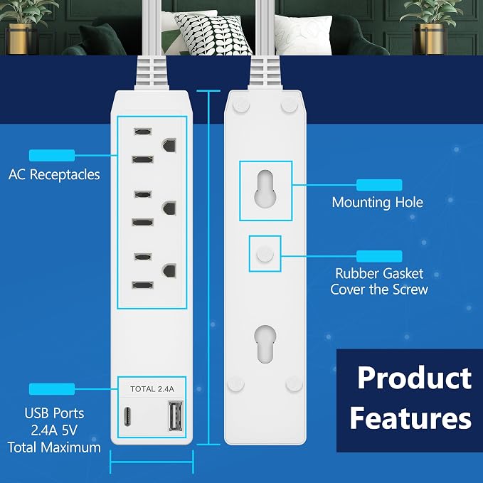 LIDER Outlet Extender with 3 Receptacles, 12W USB-A & USB-C, Ultra-Thin Wall Plate Plug with Cord Extender, 3-Outlet Power Strip, Flat-Face, 3ft Cord, 1625W, ETL Listed, Matte Gold