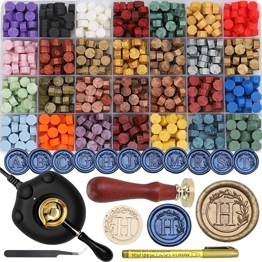 732 Pcs Sealing Wax Stamp Kit with Electric Wax Seal Warmer, Initial Alphabet H Seal Stamp, Assorted Color Waxseal Beads, Spoon, Letter Sealingwax Stamp Kit (H)