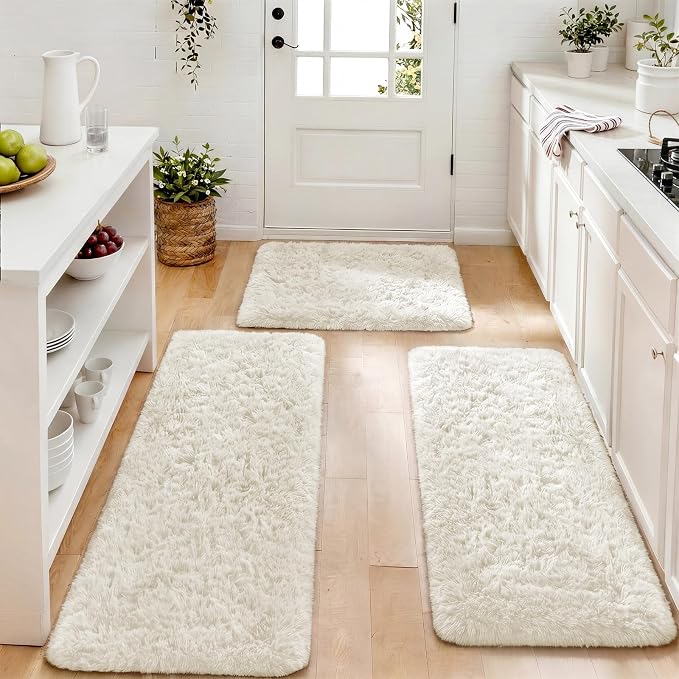 Ophanie Small Rug Washable Non Slip Throw Bedside Area Rugs, Fluffy Soft Mini Bedroom Carpet, 1.5x2.5，1.5x4 and 1.5x5 Rug Set, 3 Piece Ivory with Over 99 pcs Pile fibers