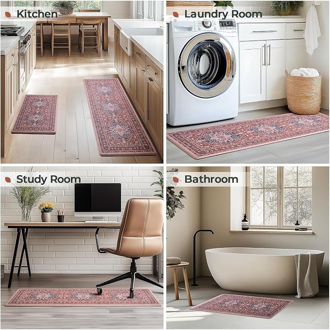 FRESHMINT Medallion Kitchen Mat Set 2 Piece, 17x30''+17x47'', Terracotta | Anti-Fatigue, Non Slip, Comfort, Kitchen Decor, Easy to Clean, Waterproof, Perfect for Kitchen, Laundry, Office