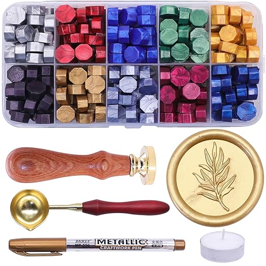 SWANGSA Wax Seal Kit, Olive Branch Wax Seal Stamp with 200pcs Sealing Beads, Great for Embellishment of Wedding Invitations, Packages, Gift Wraps