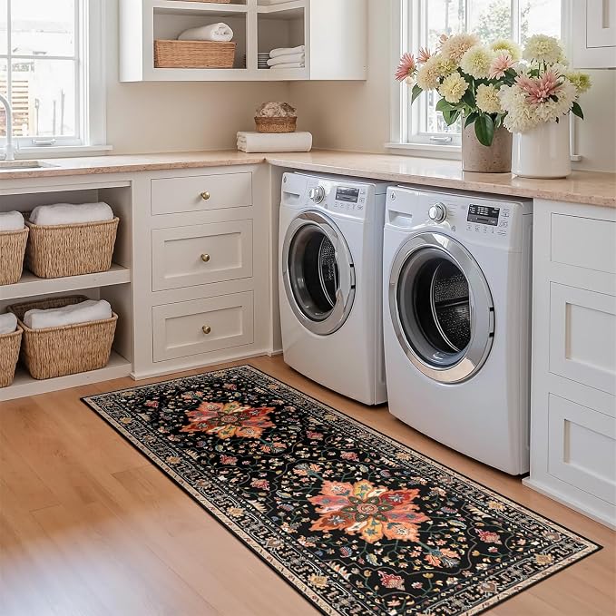 RELEANY Area Rugs Runner 2'x5' Washable Non-Slip, Floral Vintage Distress Medallion Carpet for Kitchen Hallway Bedroom Beside Laundry Room Bathroom, Black Colorful Floral Dark Tan