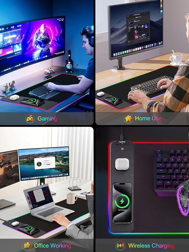 TopMade Wireless Charging RGB Mouse Pad, Waterproof Gaming Desk Pad with 4 Light Modes & 11 RGB Colors, Ultra-Smooth Surface, Non-Slip Base, 31.5"x15.75" XXL Large Desk Mat for MacBook, PC, Laptop