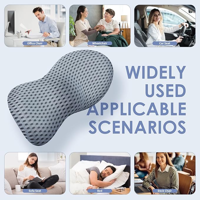 kasney Lumbar Support Pillow, Memory Foam Lumbar Pillow for Lower Back Pain Relief, Back Support Pillow for Office Chair, Car Seat - Gray