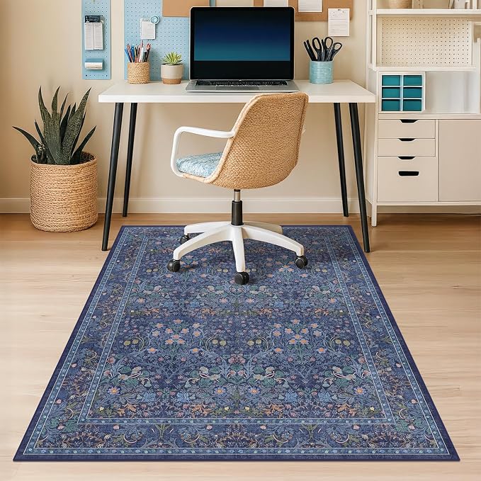 36"x48" Boho Dark Blue Office Desk Chair Mat for Hardwood Floor, Under Desk Rug with Non-Slip Rubber Backing, Small Computer Chair Rug for Heavy Duty Office Chair, Machine Washable (3x4 Navy Blue)