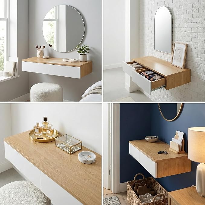 Wall Mounted Floating Vanity Desk with 2 Storage Drawers Modern MDF Makeup Table – 39.4 x 15.7 x 5.9 in (100 x 40 x 15 cm), Space-Saving Dressing Table for Bedroom or Small Spaces (Natural Wood)