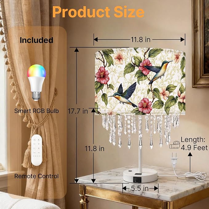 Smart Table Lamp with Hummingbird Fabric Shade & Acrylic Droplets, Dimmable E26 LED Bulb Included, Bedside Desk Lamp with USB C & AC Outlet , App & Voice Control, Works with Alexa & Google Assistant