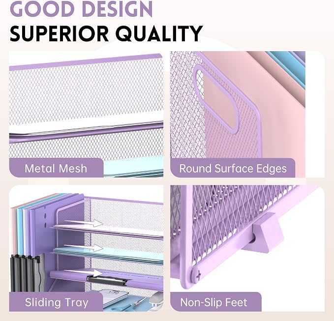 5-Tier Desk Organizer with File Holder & Pen Holder & Drawer, Purple | Mesh Metal Paper Letter Tray for Papers, Mail, Office Supplies, and Desk Accessories