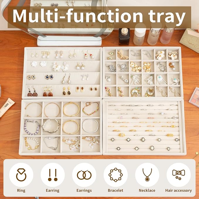 Jewelry Trays for Drawer,Set of 2 Jewelry Organizer and Storage | Velvet Material,Stackable,Adjustable Dividers,Drawer Inserts for Rings Studs Bracelet,Earring Organizer for Women Girls