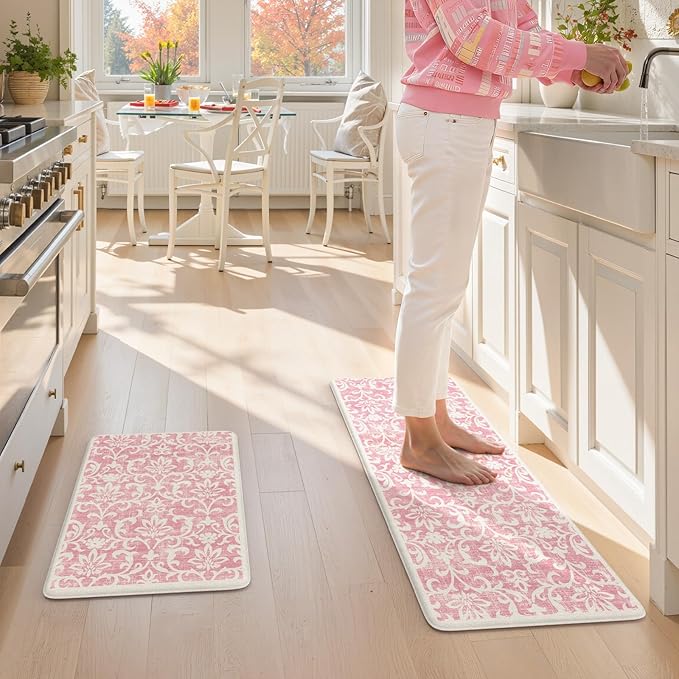 LEEVAN Pink Kitchen Mat Sets of 2, Vintage Distressed Anti Fatigue Memory Foam Kitchen Floor Mat for Laundry,Non Slip Cushioned Standing Mat for Home, Office, Desk,Sink(17''x29''+17''x47'')