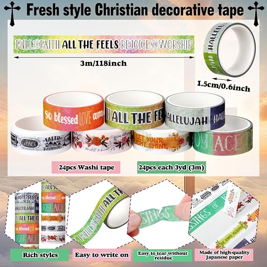 24 Rolls Back to School Christian Washi Tape Gifts Bulk Graduation VBS Religious Scripture Vintage Bible Verse Washi Tape for Bible Journaling Crafting Students BibleStudy Stationery