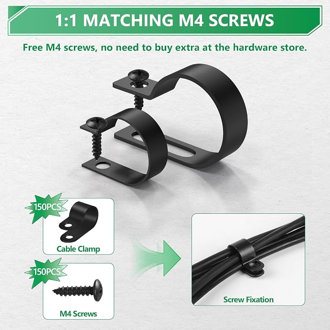 290PCS Nylon R-Type Cable Clips for Cable Management with M4 Screw, 6 Sizes | Good Ductility, Fireproof, 6 Sizes (3/16'' 1/4'' 3/8'' 1/2'' 3/4'' 1''), 145pcs M4 Black Screws, for TV/PC/AC Cables & Wires