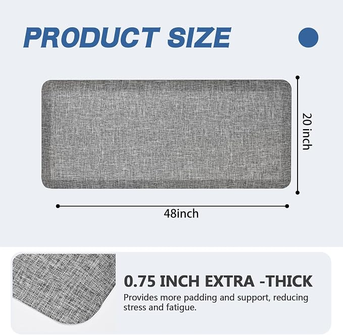 Anti Slip 3/4 inchs Anti Fatigue Kitchen Floor Mat, Ergonomic Comfort Standing Mat, Waterproof Kitchen Runner for Home, Kitchen, Office, Laundry, Garage (Light Gray, 24" x 70" -0.75")