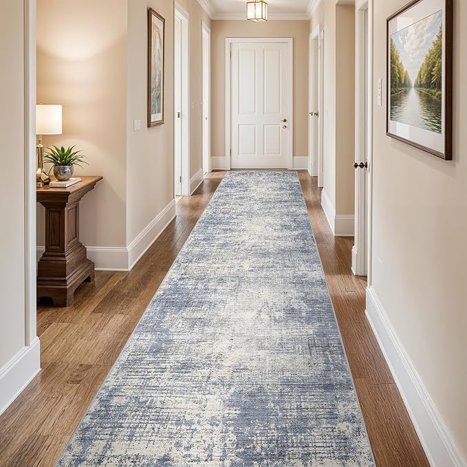 3x14 Hallway Washable Runner Rug - Non-Slip Kitchen Rugs with Rubber Backing Abstract Neutral Low-Pile Carpet Runners for Laundry Room Home Decor Bedroom Bathroom Entryway (Blue Gray,3x14)