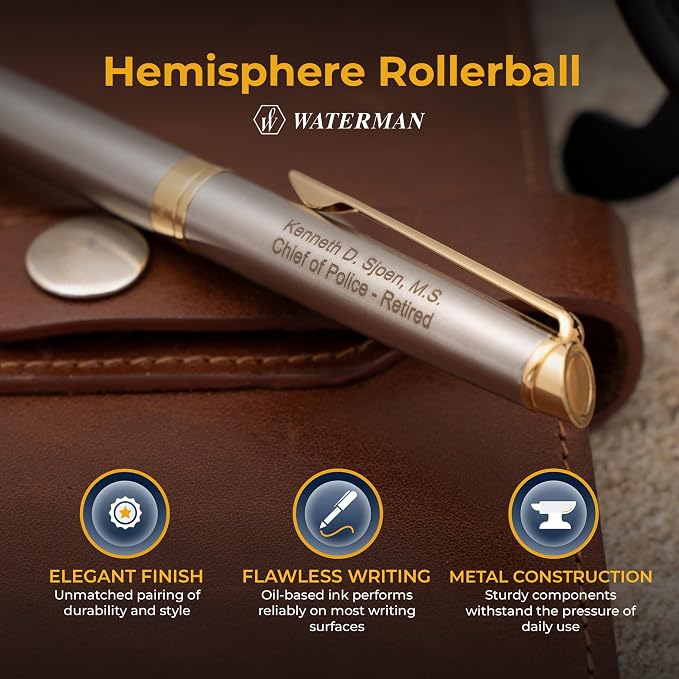 Waterman Hemisphere Engraved Rollerball Pen, Brushed Stainless with 23K Gold Trim, Fine Point, Tone-on-Tone Engraving, Personalized Gift for Executives, Retirement, Board Members, Career Advancement