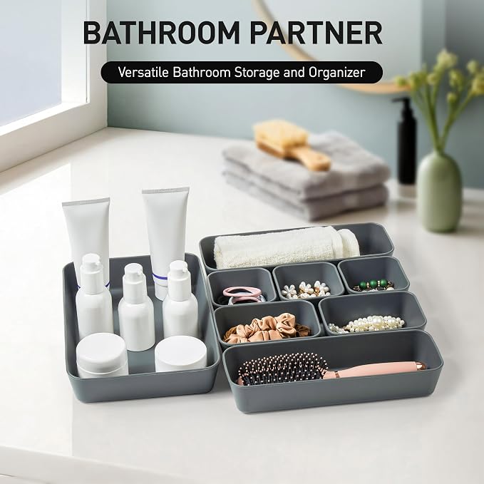 ISSEVE 8Pcs Silicone Drawer Organizer Trays for Bathroom, 4 Sizes, Black | For Vanity, Desk, Nightstand, Makeup, Jewelry, Toiletries, and Office Small Items, Nesting Organizer Trays, Drawer Organizer