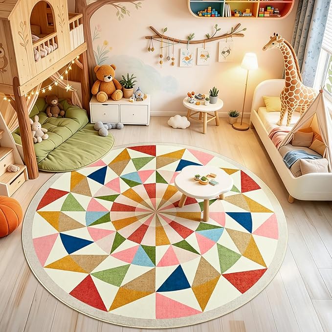 Terrug Multicolored Geometric Round Rug 5ft for Kids Room, Soft Non-Slip Washable Circle Play Mat for Nursery Bedroom Playroom, Bright Sunburst Area Rugs for Home Office