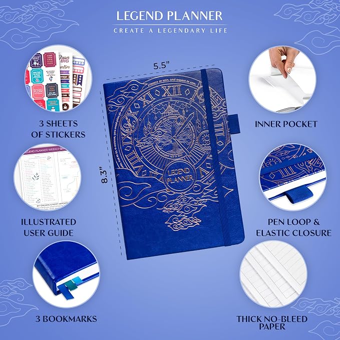 Legend Undated Weekly Planner – Goal Planner Journal & Organizer Notebook – Agenda Book with Monthly Calendar & To-Do List, A5 (Royal Blue, Gold)