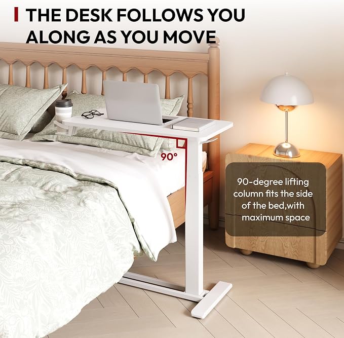 SANODESK 28''Mobile Standing Desk with Hidden Wheels,Pneumatic Laptop Desk | Sofa Computer Cart Movable Height Adjustable Table Small Sit Stand Desk for Home Office Hospital Use,27.6" W x 15.7" D,White