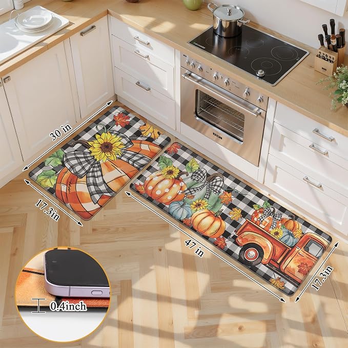 SHACOS Anti Fatigue Fall Kitchen Rugs Set of 2 Pumpkins and Sunflower | Waterproof Non Slip Cushioned Comfort Kitchen Floor Mats Harvest Autumn Black White Checkered Farmhouse Mat 17x27.5+17x47"