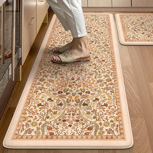 Collive Anti Fatigue Mats for Kitchen Floor, Orange Fall Floral Kitchens Rugs 2 Piece Cushioned Non Slip Carpet, Comfort Standing Mat Waterproof Sink Carpets for or Bedroom, Laundry, Home Decor
