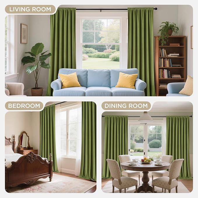Joydeco Moss Green 100% Blackout Curtains 120 Inch 2 Panels, Luxury Thermal Green Velvet Curtains for Bedroom Living Room, Soundproof Blackout Window Drapes, Grommet Top (52W x 120L)