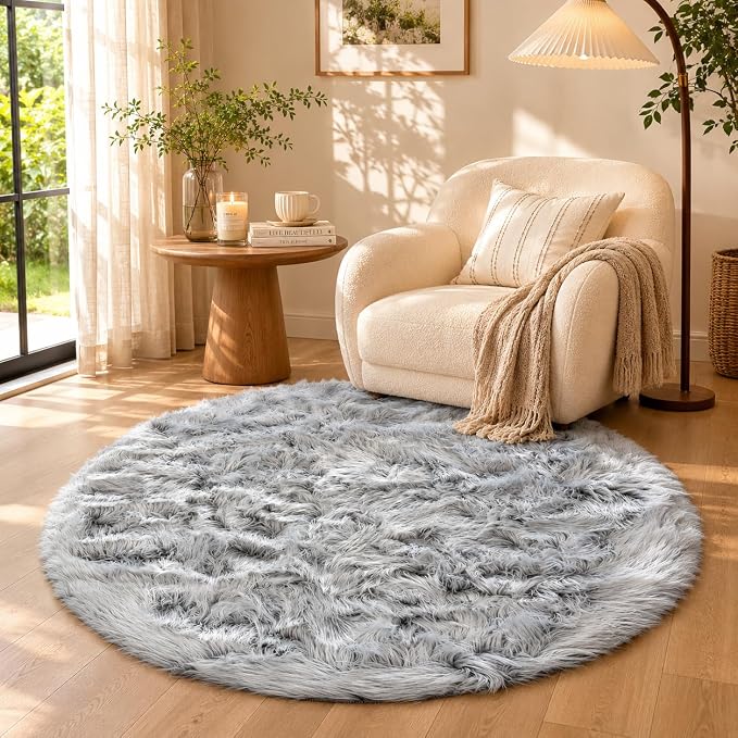 EasyJoy Faux Sheepskin Rug, Fluffy Faux Fur Rug, Ultra Soft Shag Area Rug with Non-Slip Backing for Bedroom, Living Room, Nursery, Kids Room(4 x 4 ft Round, Frosted Bottom Gray)