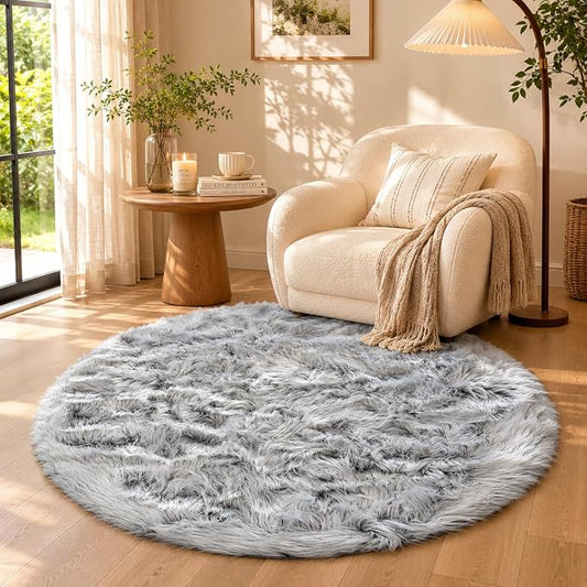 EasyJoy Faux Sheepskin Rug, Fluffy Faux Fur Rug, Ultra Soft Shag Area Rug with Non-Slip Backing for Bedroom, Living Room, Nursery, Kids Room(4 x 4 ft Round, Frosted Bottom Gray)