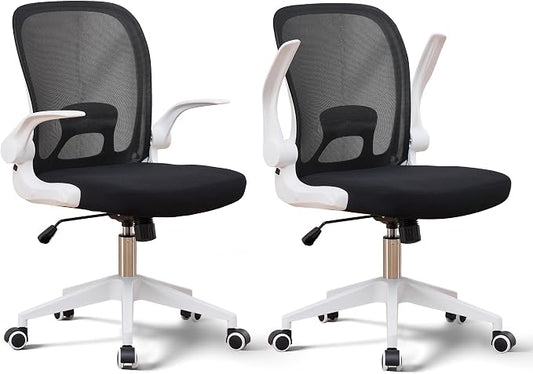 IPKIG Foldable Office Chair for Small Spaces | Home Office Folding Desk Chairs with Wheels and Flip Up Arms | Ergonomic Mesh Computer Chair for Adults & Kids (2PCS White)