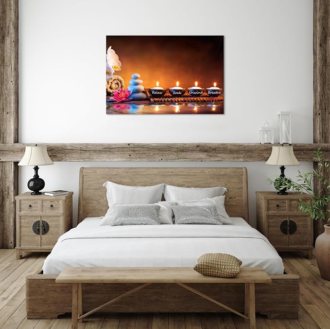 Zen Wall Art Lotus Flower Decor Breathe Canvas Picture Candles Relaxing Peaceful Poster Prints for Zen Spa Room Living Room Bedroom(16.00" x 24.00")