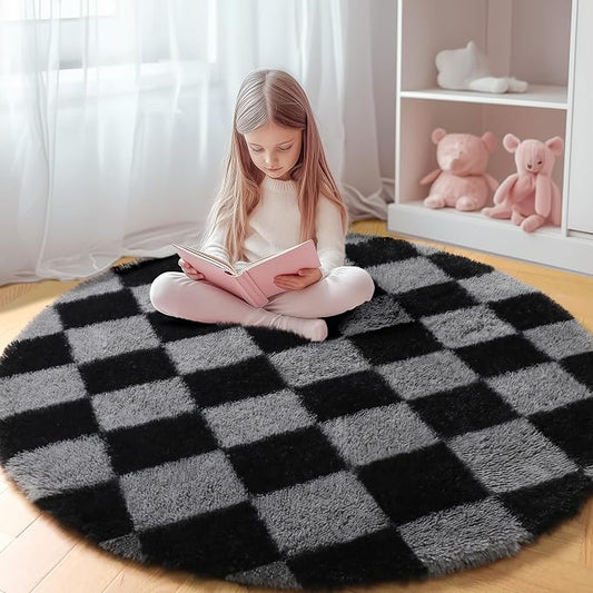 KICMOR Round Rugs 5ft Black and Grey Circle Area Rug, Fluffy Soft Fuzzy Shag Shaggy Bedroom Living Room Carpet, Indoor Checkered Circular Rug for Teen Kids Boys Girls Home Decor Aesthetic, Nursery