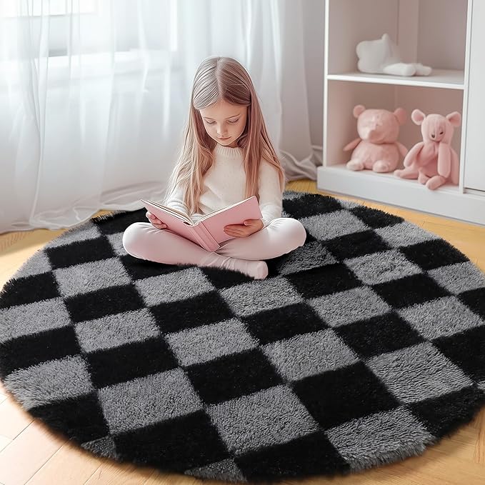 KICMOR Round Rugs 6ft Black and Grey Circle Area Rug, Fluffy Soft Fuzzy Shag Shaggy Bedroom Living Room Carpet, Indoor Checkered Circular Rug for Teen Kids Boys Girls Home Decor Aesthetic, Nursery