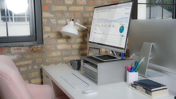 Victor Monitor Riser with Drawer and Storage Shelf - Wood Monitor Stand Desk Organizer with Faux Leather Top, Organize Office Supplies, 13 x 13 x 6.5-Inches, Classic Silver
