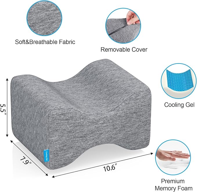 Knee Pillow for Side Sleepers, Leg Pillow with Cooling Gel, Grey/Large | Memory Foam Elevation Pillow for Spine Aligning, Sciatica, Back, Hip, Knee, Ankle Pain