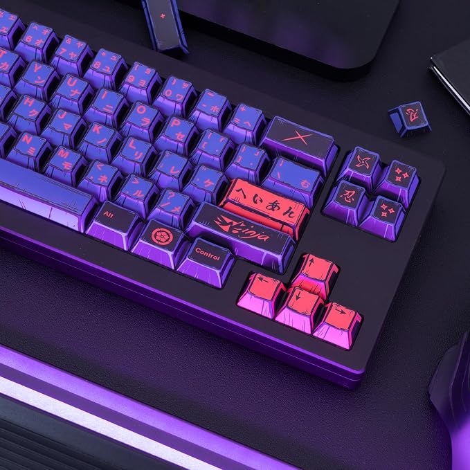 Purple Japanese PBT Custom Keycaps, 130 Keys Black Purple Manga Key Caps, Cherry Profile Dye Sublimation Keyboard Keycap Set for Cherry MX Gateron Kailh Switches Mechanical Keyboard