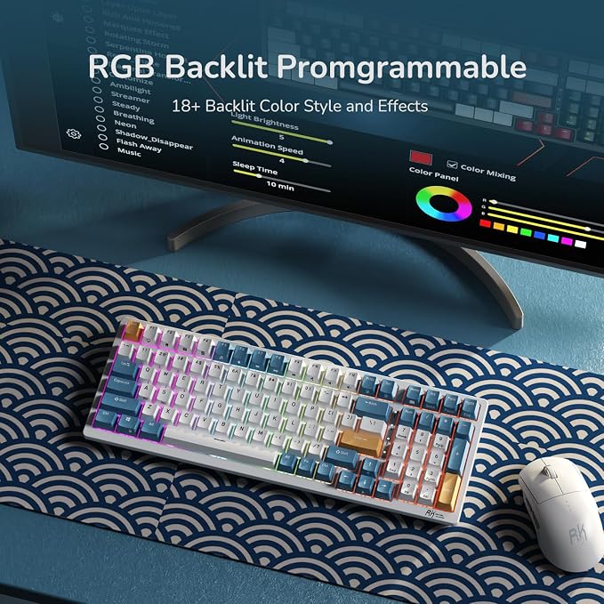 RK ROYAL KLUDGE RK98 Wireless Mechanical Keyboard, Triple Mode 2.4G/BT5.1/USB-C Hot Swappable Keyboard with Number Pad, Pre-lubed Clicky Switches RGB Backlit Gaming Keyboard, Software Support