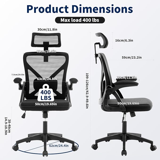 Office Chair,Ergonomic Desk Chair with Adjustable Lumbar Support,400 Lbs Mesh Computer Chair High Back with Headrest for Home Office (Light Black)