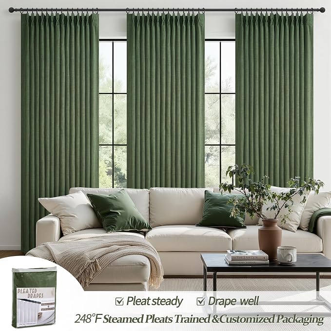 Olive Green Blackout Room Divider Curtains 92 Inches Long 2 Panels Set, Memory Trained Pinch Pleated Thermal Loden Linen Double Layer Soundproof Privacy Neutral Windows Curtain & Drapes with Back Tab