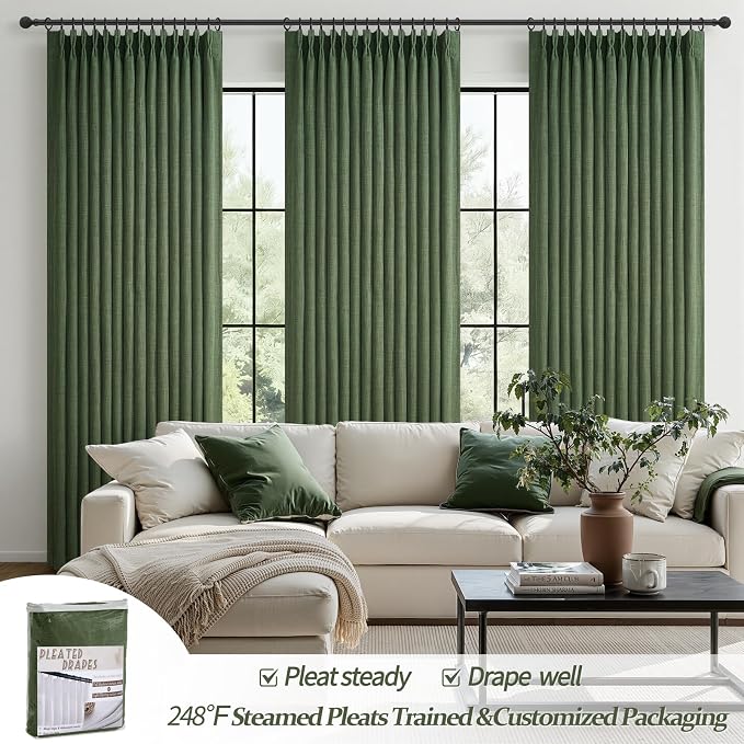 Extra Long 120 Inch Pinch Pleat Floor to Ceiling Curtains for Dining Room, Memory Trained Blackout Dual Layer Linen Soundproof Large Viral Curtain 10 FT Length Luxury Drapes 2 Panels Set Windows Burg