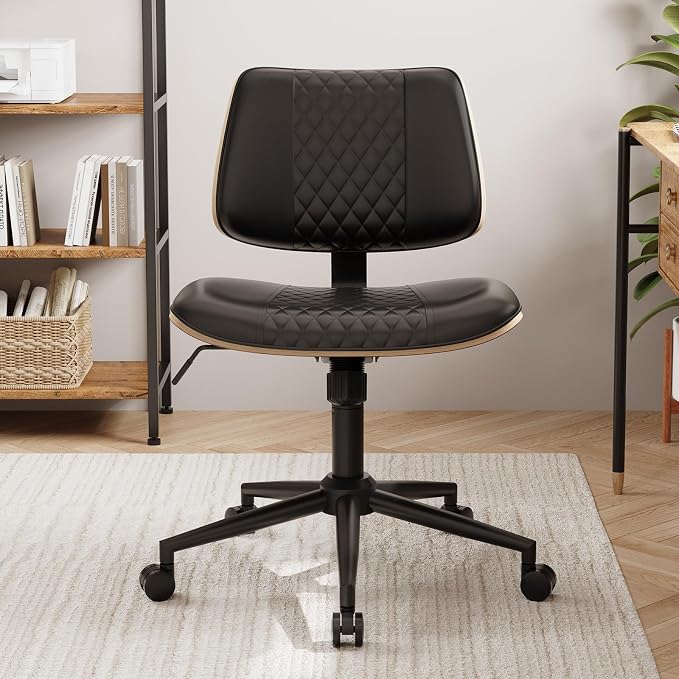 Modern Armless Office Chair with Wheels, Adjustable Swivel Desk Chair with Wide Seat and Tilt Function, Faux Leather Mid Century Task Chair for Home Office, Bedroom, Vanity, Black