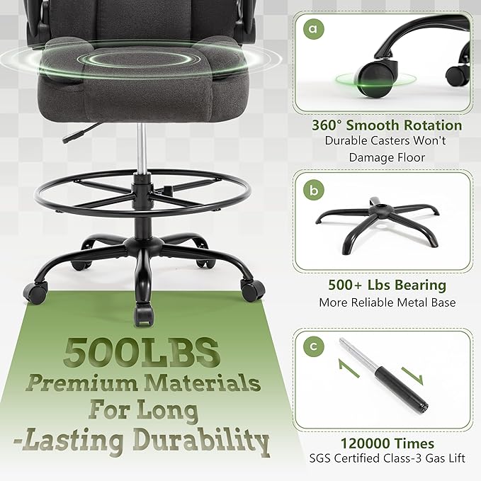 500LBS Drafting Chair, High Back Safer Standing Desk Chair, Executive Tall Office Chair with Flip-up Armrests, Upholstered Fabric Task Chair, Ergonomic Seat with Adjustable Height&Foot Ring, Black