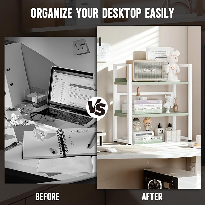 Brakki Desk Shelf Organizer, 2-Tier Desktop Bookshelf, Small Office Shelf | Adjustable Shelf, Metal Desktop Rack for Dorm, with Foot Mat, Multi-Functional Organization, White and Green