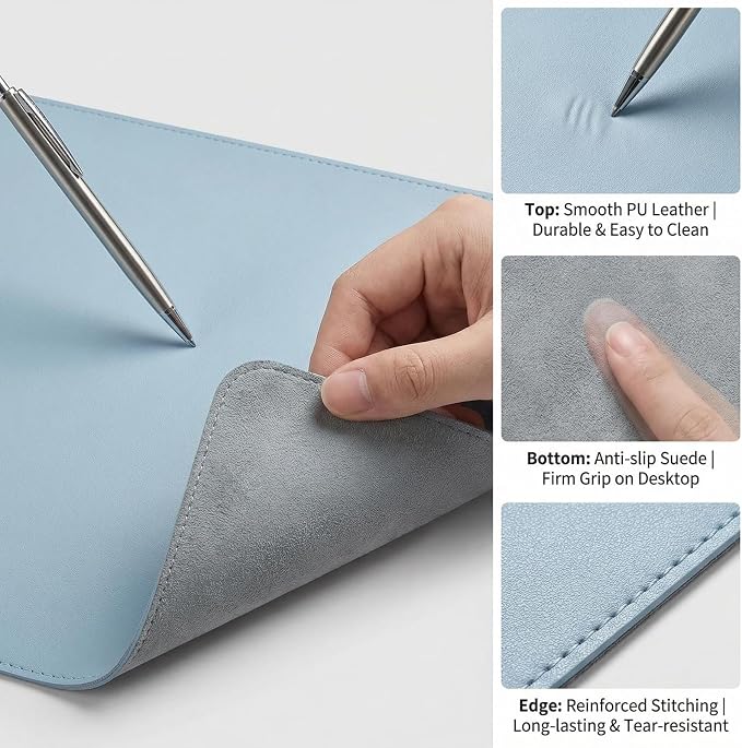 Single-Sided PU Leather Desk Pad (12"x31", Blue) - Non-Slip Large Mouse Pad & Desk Mat for Office, Home - Waterproof, Easy to Clean, Durable Single-Sided Surface