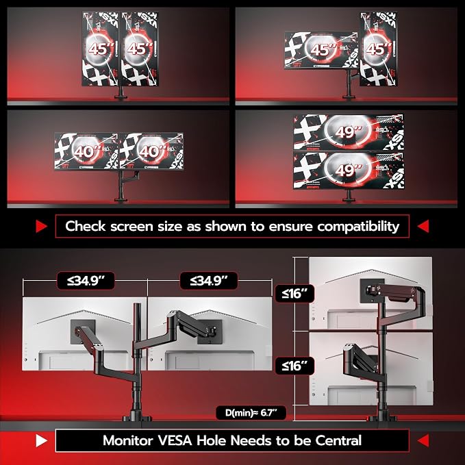 ARES WING Tall Dual Ultrawide Monitor Mount with USB A/C for 17 to 49 Inch | Pro Gas Spring, Aluminum Material, Flexible Screen Layouts, for 75/100 Vesa Mount, Hold 44 Lbs Each Arm, for Samsung Monitor